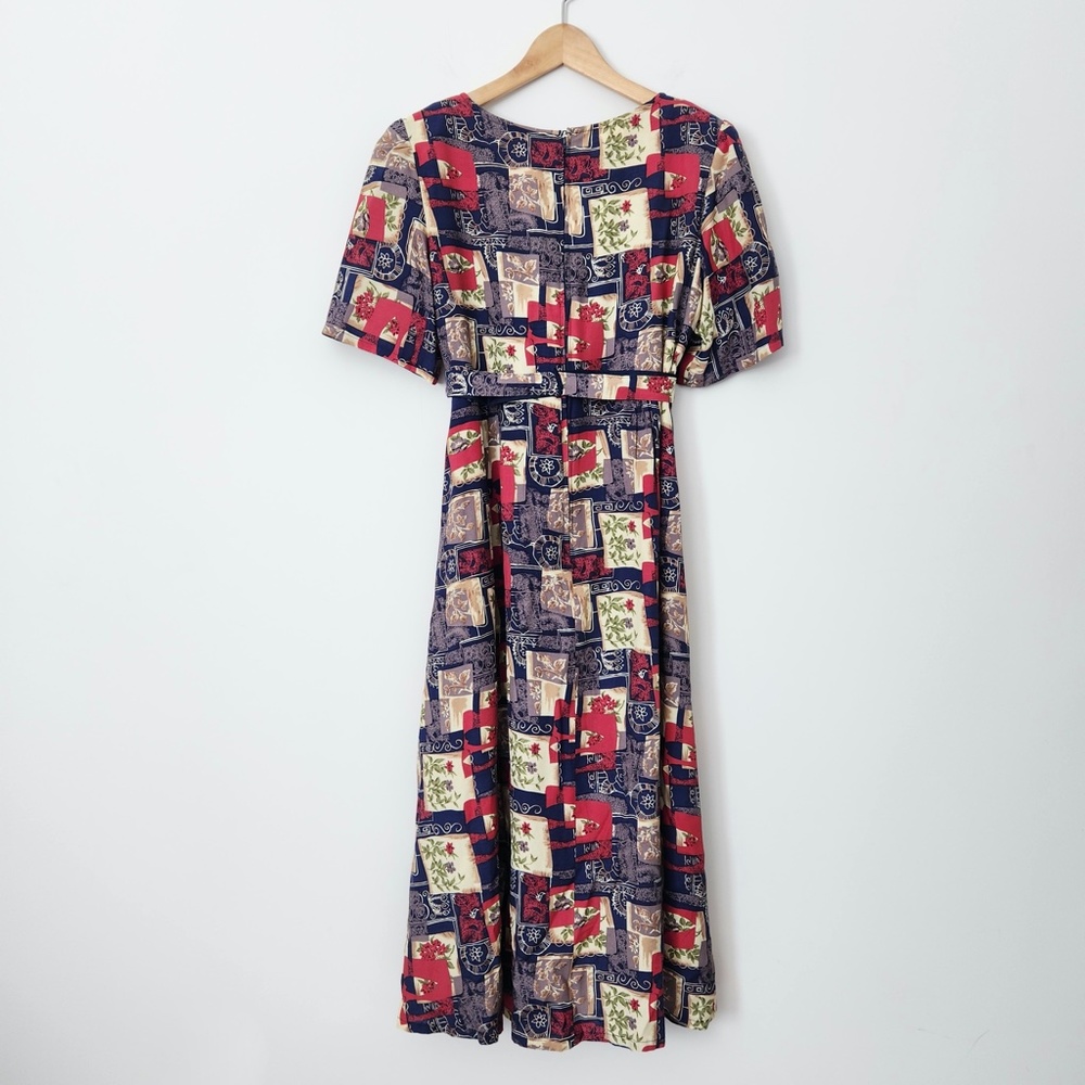 Vtg Patchwork Midi Dress Handmade Belted Blue Red Large 80s Does 50s Modest - Picture 2 of 16
